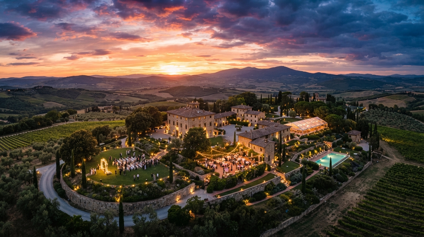 Aerial Wedding Estate at Sunset