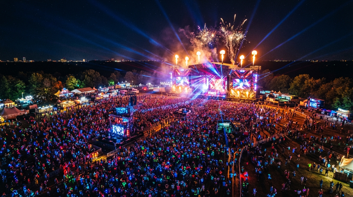 FPV Drone at Music Festival at Night